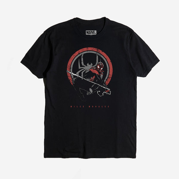 Black T-shirt featuring Miles Morales in a crouched pose with a red and grey spider emblem in the background.