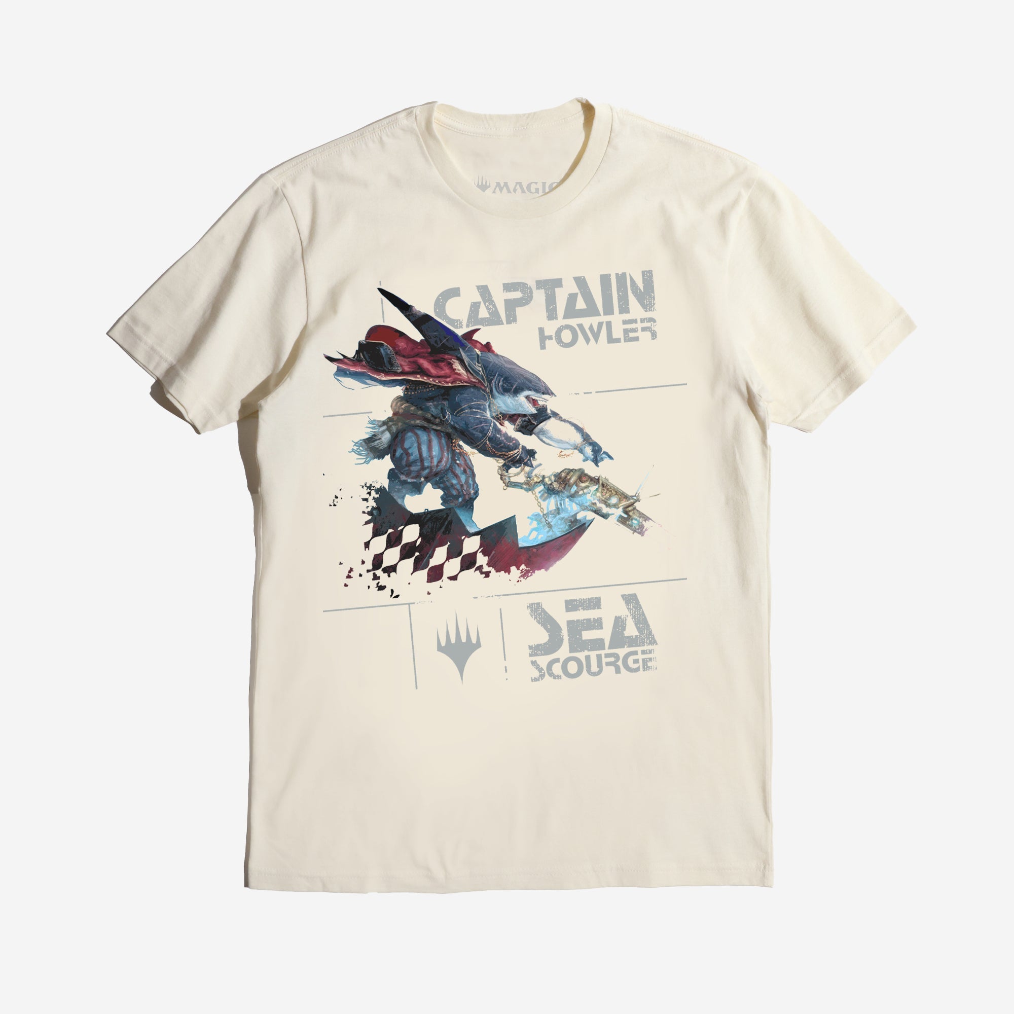 A natural Magic: The Gathering t-shirt featuring Captain Howler, a fierce shark-like pirate with armored plating, a flowing red cape, and striped pants. He wields an ornate, steampunk-inspired harpoon gun, chained to his weapon. The background includes a distressed, grunge-style design with the words 'Captain Howler' and 'Sea Scourge' in bold, stylized font, along with the Magic: The Gathering Planeswalker symbol.